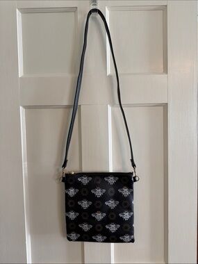 Black Bee-Print Crossbody Bag with Adjustable Strap